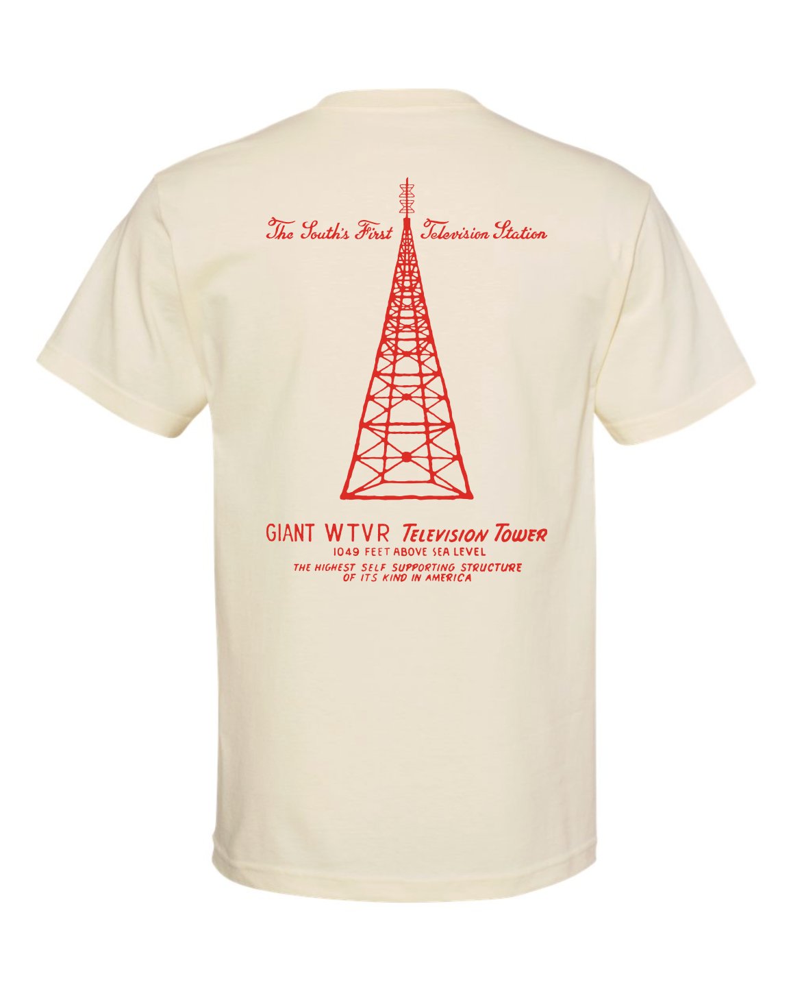 Back of the cream tee with the red Giant WTVR Television Tower illustration