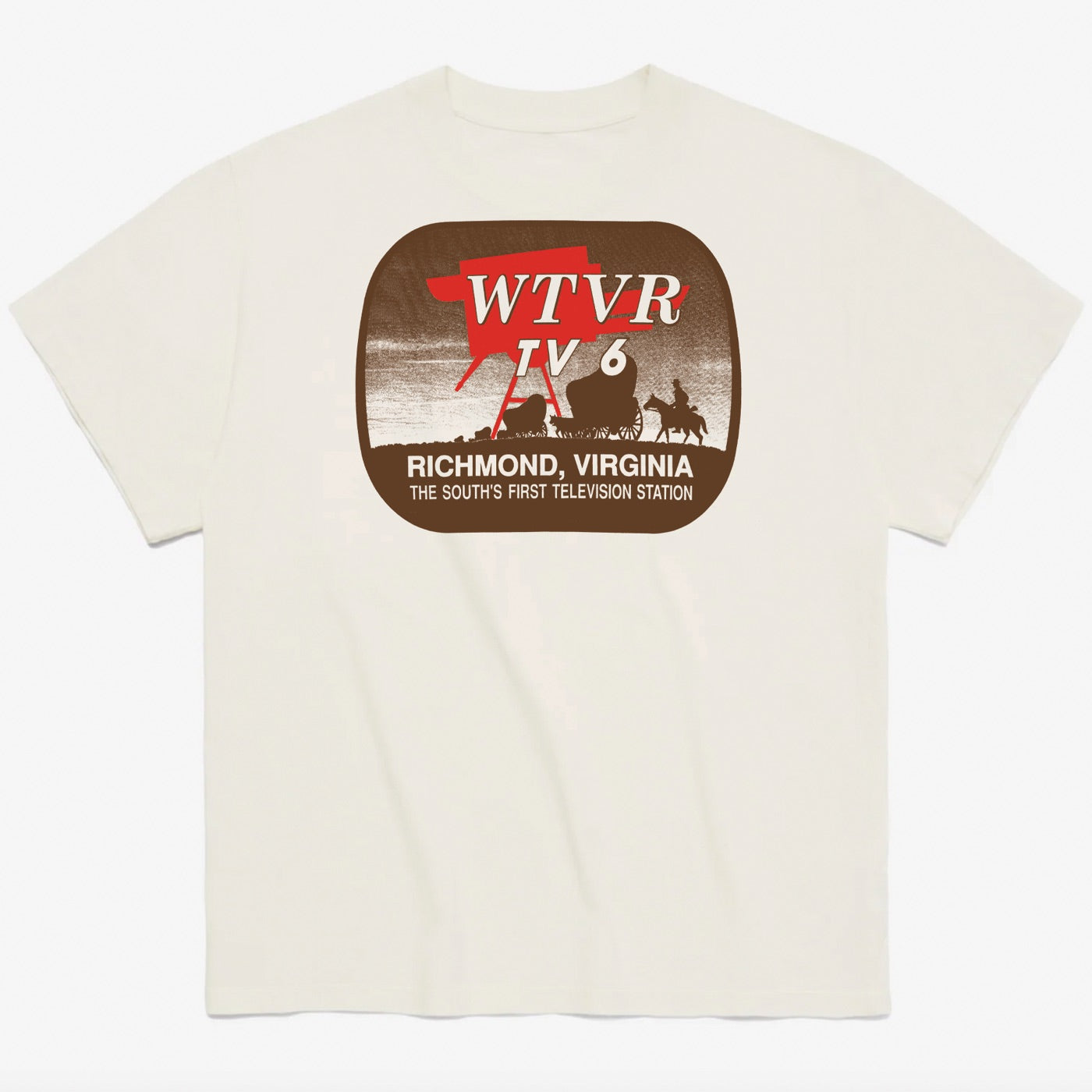 Front of the cream tee with the brown and red WTVR TV 6 Richmond, Virginia station badge on the chest